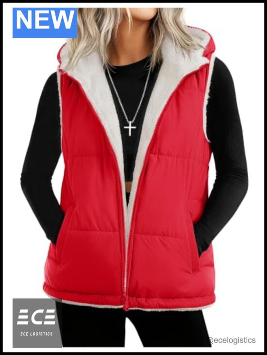 Jackets & Blazers - Womens Reversible Puffer Vest Sleeveless Zip Up Fleece Hooded Jacket
